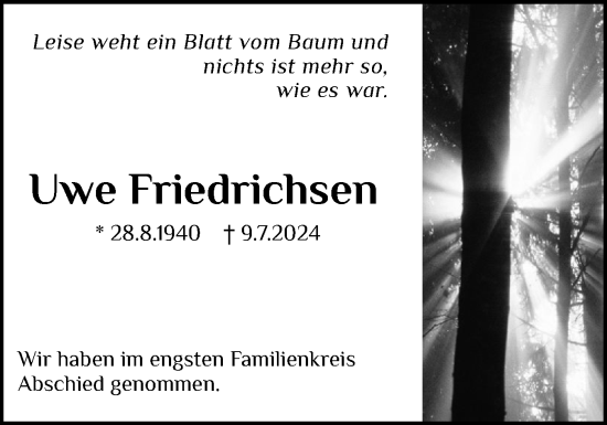 Traueranzeige von Uwe Friedrichsen von Schleswiger Nachrichten, Schlei-Bote