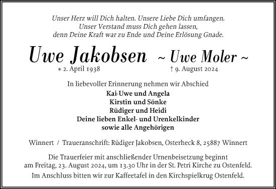 Traueranzeige von Uwe Jakobsen von Husumer Nachrichten, Nordfriesland Tageblatt