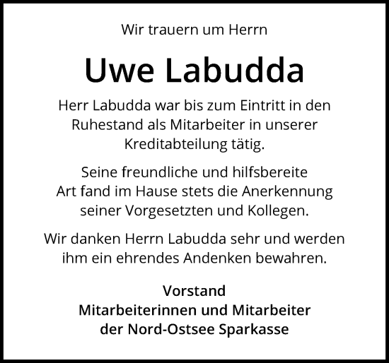 Traueranzeige von Uwe Labudda von Husumer Nachrichten, Nordfriesland Tageblatt