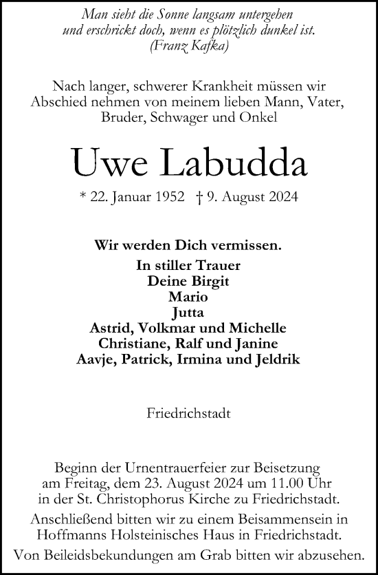 Traueranzeige von Uwe Labudda von Husumer Nachrichten, Nordfriesland Tageblatt