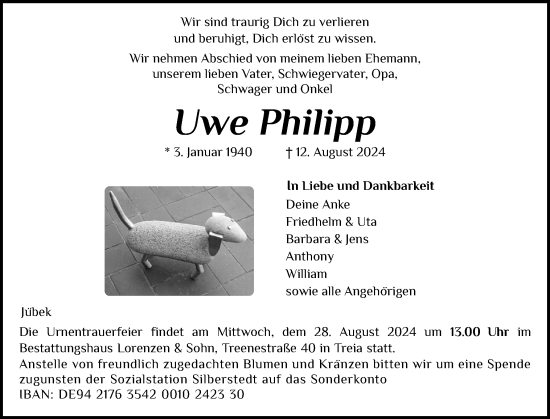 Traueranzeige von Uwe Philipp von Schleswiger Nachrichten, Schlei-Bote