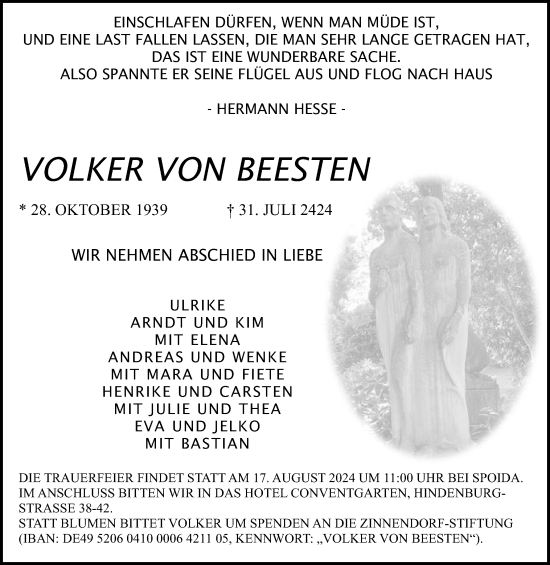 Traueranzeige von Volker von Beesten von Schleswig-Holsteinische Landeszeitung