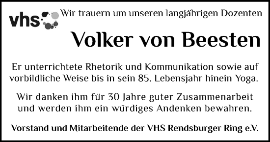 Traueranzeige von Volker von Beesten von Schleswig-Holsteinische Landeszeitung