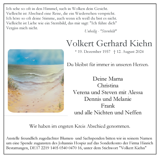 Traueranzeige von Volkert Gerhard Kiehn von Region Pinneberg und tip Pinneberg