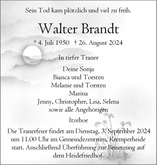Traueranzeige von Walter Brandt von Norddeutsche Rundschau, Wilstersche Zeitung, Glückstädter Fortuna