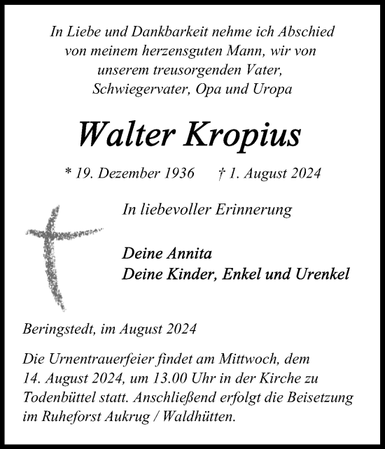 Traueranzeige von Walter Kropius von Schleswig-Holsteinische Landeszeitung