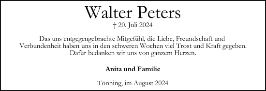 Traueranzeige von Walter Peters von Husumer Nachrichten, Nordfriesland Tageblatt