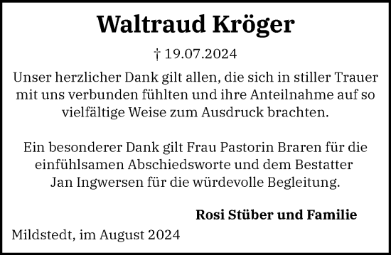 Traueranzeige von Waltraud Kröger von Husumer Nachrichten, Nordfriesland Tageblatt