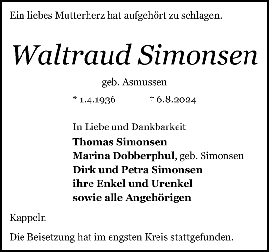 Traueranzeige von Waltraud Simonsen von Schleswiger Nachrichten, Schlei-Bote