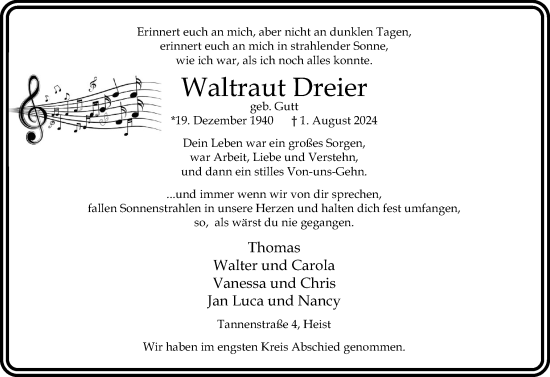 Traueranzeige von Waltraut Dreier von Uetersener Nachrichten, Der tip am Wochenende
