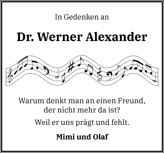 Traueranzeige von Werner Alexander von Uetersener Nachrichten, Der tip am Wochenende