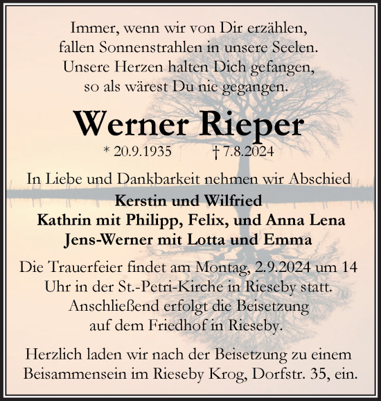 Traueranzeige von Werner Rieper von Eckernförder Zeitung, Hallo Eckernförde