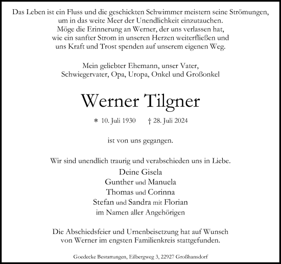 Traueranzeige von Werner Tilgner von Stormaner Tageblatt