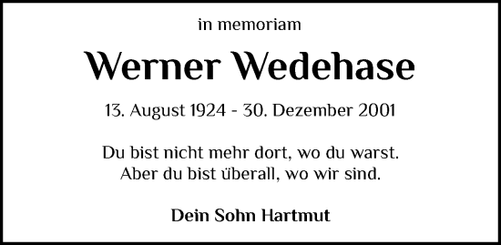 Traueranzeige von Werner Wedehase von Flensburger Tageblatt