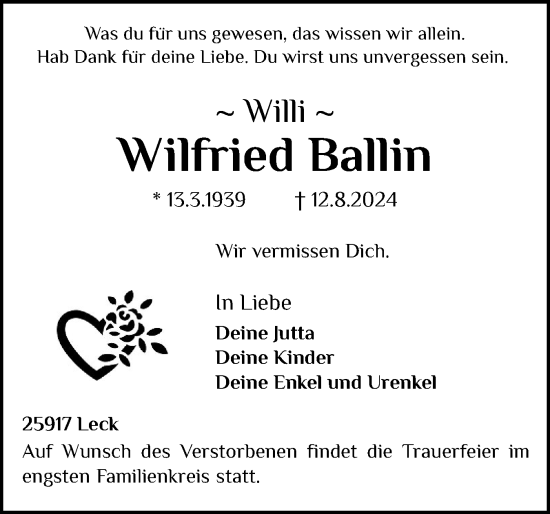 Traueranzeige von Wilfried Ballin von Husumer Nachrichten, Nordfriesland Tageblatt