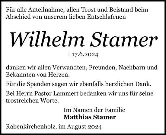 Traueranzeige von Wilhelm Stamer von Schleswiger Nachrichten, Schlei-Bote