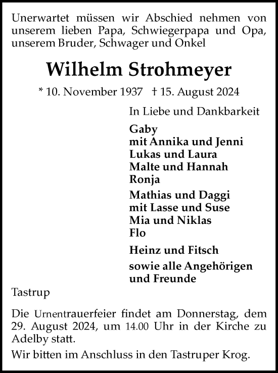 Traueranzeige von Wilhelm Strohmeyer von Flensburger Tageblatt