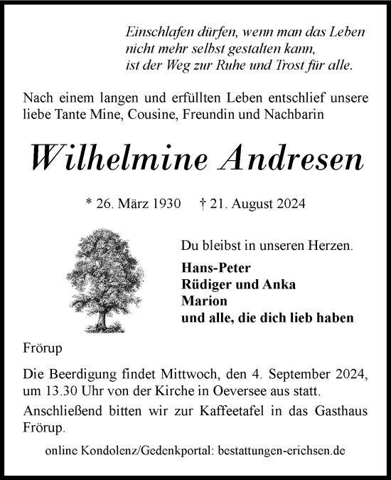 Traueranzeige von Wilhelmine Andresen von Flensburger Tageblatt