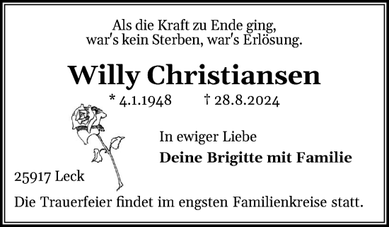 Traueranzeige von Willy Christiansen von Husumer Nachrichten, Nordfriesland Tageblatt