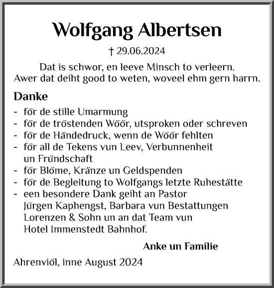 Traueranzeige von Wolfgang Albertsen von Region Flensburg