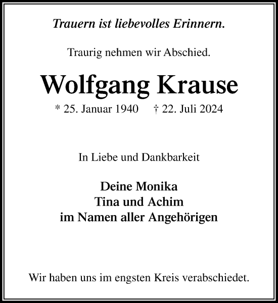 Traueranzeige von Wolfgang Krause von Stormaner Tageblatt