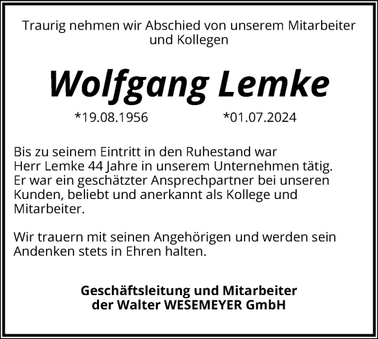 Traueranzeige von Wolfgang Lemke von Flensburger Tageblatt