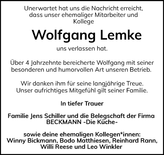 Traueranzeige von Wolfgang Lemke von Flensburger Tageblatt