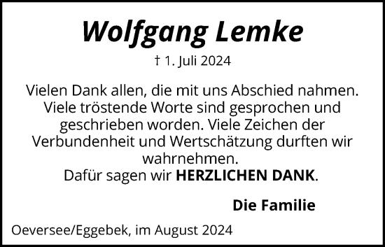 Traueranzeige von Wolfgang Lemke von Flensburger Tageblatt
