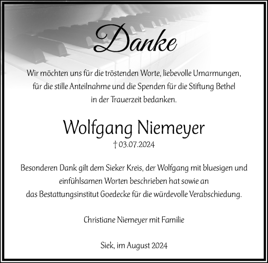 Traueranzeige von Wolfgang Niemeyer von Stormaner Tageblatt