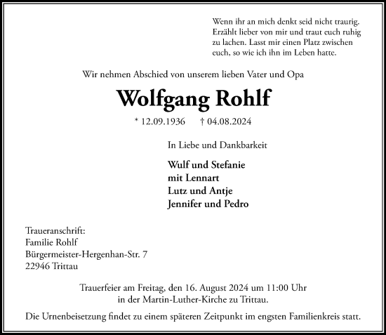 Traueranzeige von Wolfgang Rohlf von Stormaner Tageblatt