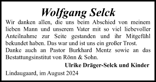 Traueranzeige von Wolfgang Selck von Schleswiger Nachrichten, Schlei-Bote