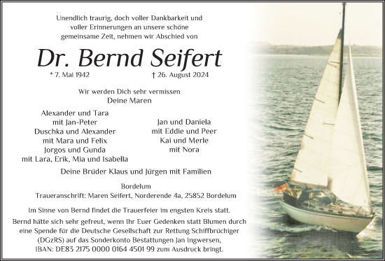 Traueranzeige von Bernd Seifert von Husumer Nachrichten, Nordfriesland Tageblatt