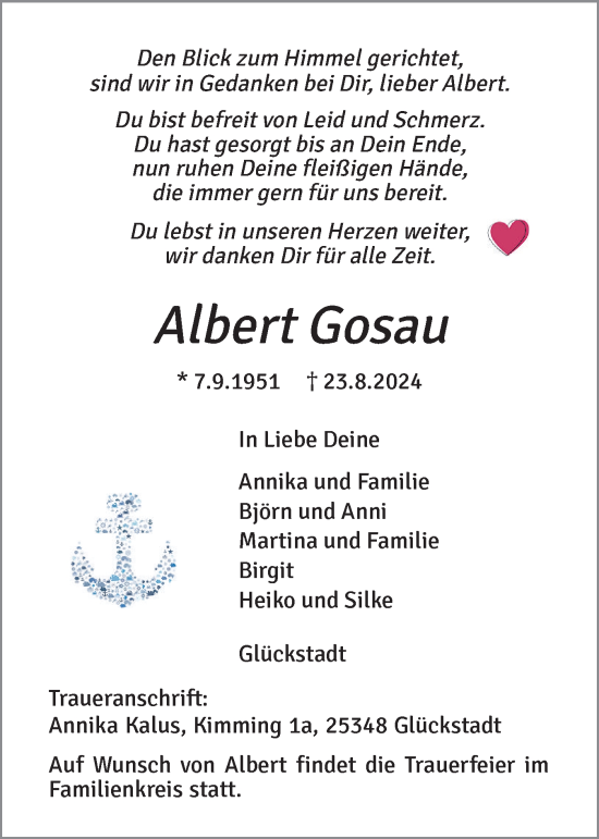 Traueranzeige von Albert Gosau von Norddeutsche Rundschau, Wilstersche Zeitung, Glückstädter Fortuna