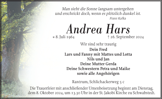Traueranzeige von Andrea Hars von Husumer Nachrichten, Nordfriesland Tageblatt