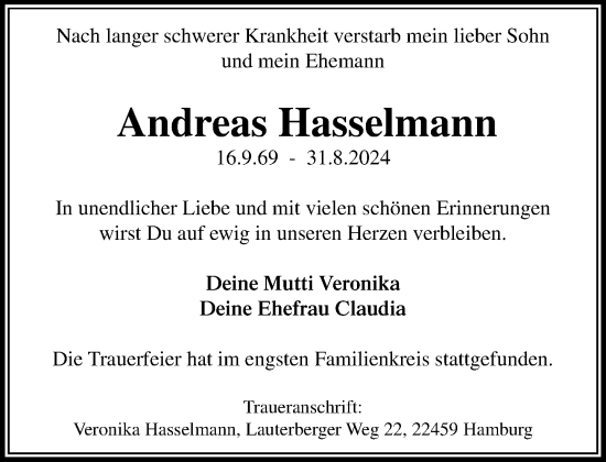 Traueranzeige von Andreas Hasselmann von Stormaner Tageblatt