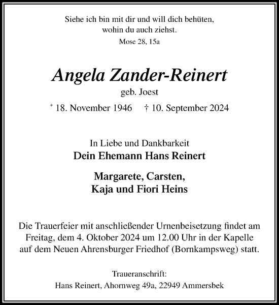 Traueranzeige von Angela Zander-Reinert von Stormaner Tageblatt