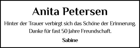 Traueranzeige von Anita Petersen von Flensburger Tageblatt