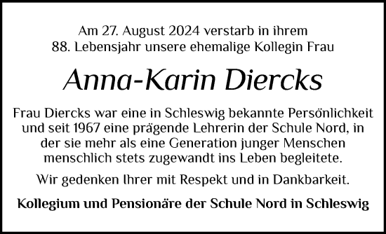 Traueranzeige von Anna-Karin Diercks von Schleswiger Nachrichten, Schlei-Bote