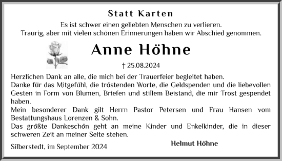 Traueranzeige von Anne Höhne von Schleswiger Nachrichten, Schlei-Bote