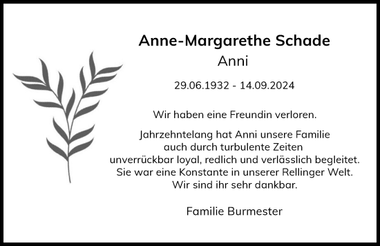 Traueranzeige von Anne-Margarethe Schade von Region Pinneberg und tip Pinneberg