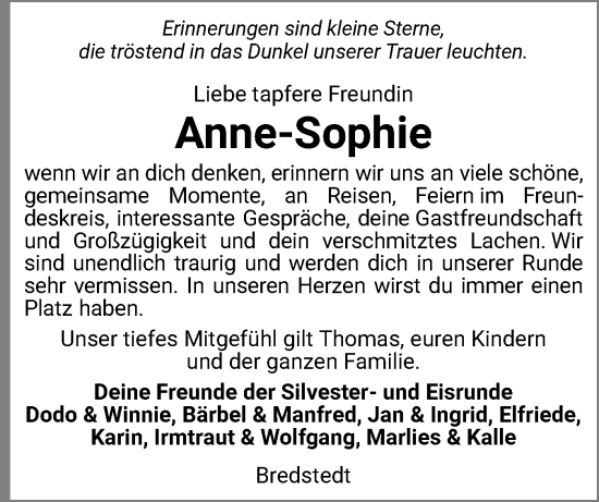 Traueranzeige von Anne-Sophie  von Husumer Nachrichten, Nordfriesland Tageblatt