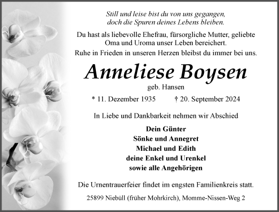 Traueranzeige von Anneliese Boysen von Region Flensburg