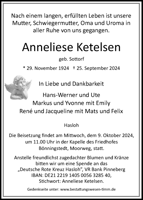 Traueranzeige von Anneliese Ketelsen von Region Pinneberg und tip Pinneberg
