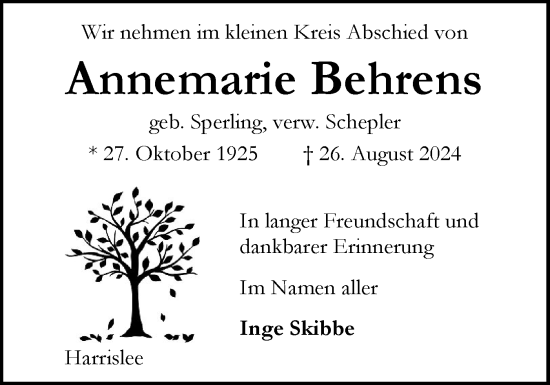 Traueranzeige von Annemarie Behrens von Flensburger Tageblatt
