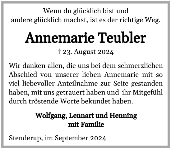 Traueranzeige von Annemarie Teubler von Flensburger Tageblatt