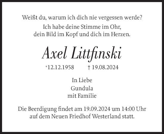 Traueranzeige von Axel Littfinski von Sylter Rundschau