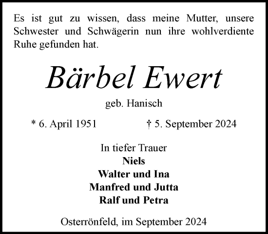 Traueranzeige von Bärbel Ewert von Schleswig-Holsteinische Landeszeitung