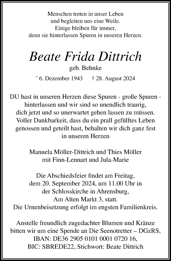 Traueranzeige von Beate Frida Dittrich von Stormaner Tageblatt