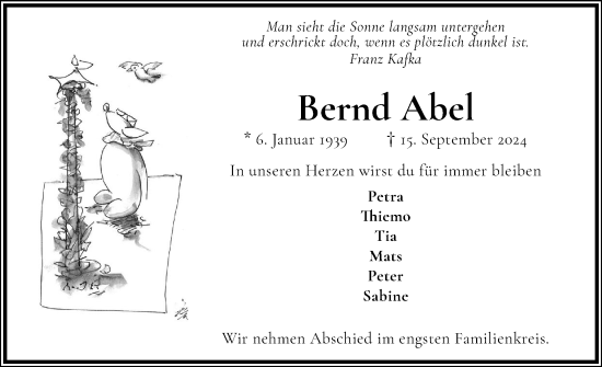 Traueranzeige von Bernd Abel von Wedel-Schulauer Tageblatt, tip Wedel-Schulauer Tageblatt, tip Rissener Rundschau