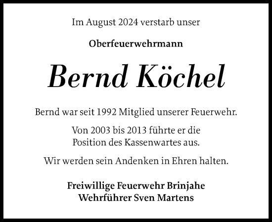 Traueranzeige von Bernd Köchel von Schleswig-Holsteinische Landeszeitung